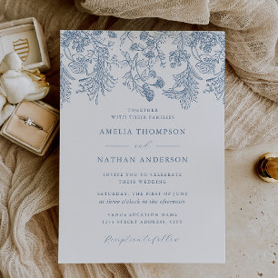 Vintage Dusty Blue Floral Elegant Wedding Invitation
