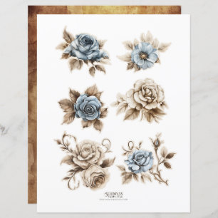 Vintage Dusty Blue Floral Ephemera Fussy Cuts