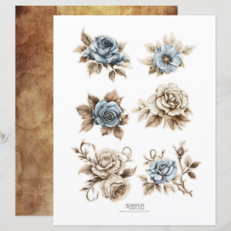 Vintage Dusty Blue Floral Ephemera Fussy Cuts