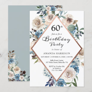 Vintage Dusty Blue Floral Rose Gold Birthday Party Invitation