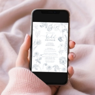 Vintage Dusty Blue Floral Script Bridal Shower Invitation