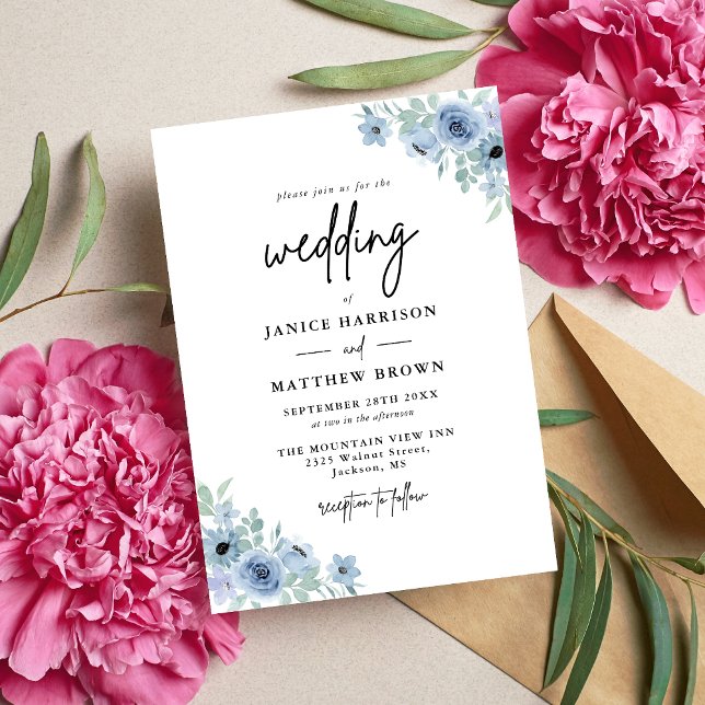 Vintage Dusty Blue Floral Wedding Invitation (Creator Uploaded)