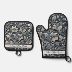 Vintage dusty blue florals oven mitt & pot holder set