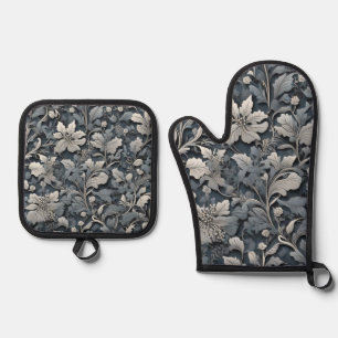 Vintage dusty blue florals oven mitt & pot holder set
