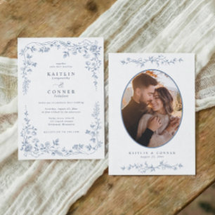 Vintage Dusty Blue French Floral Wedding Photo Invitation