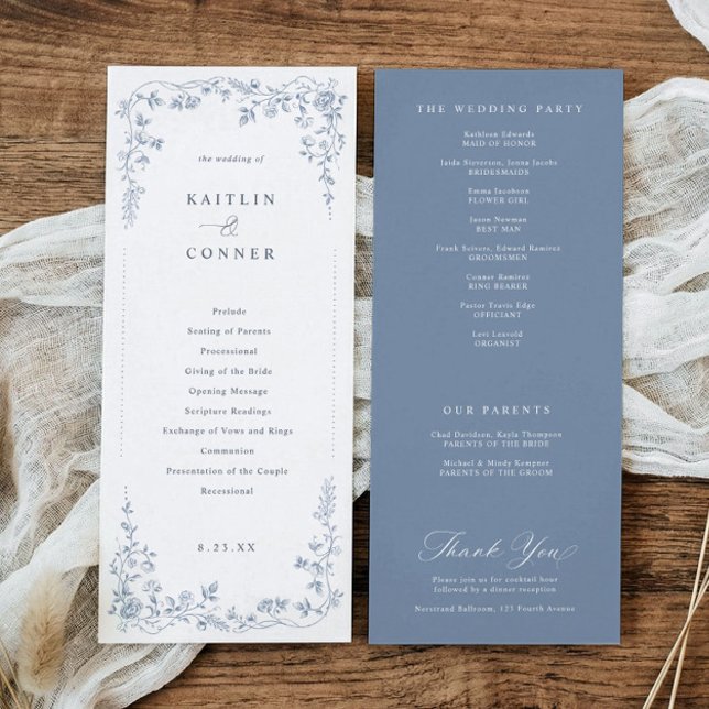 Vintage Dusty Blue French Floral Wedding Program (Vintage French dusty blue wedding program with elegant chinoiserie floral frame)
