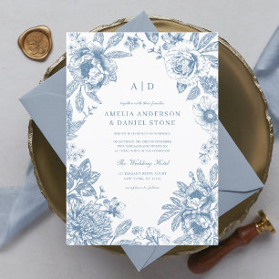 Vintage Dusty Blue Garden Monogram Wedding Invitation