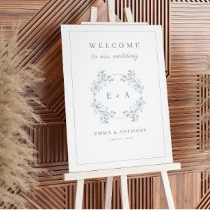 Vintage Dusty Blue Monogram Wedding Welcome Sign