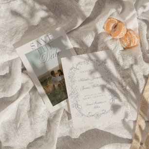 Vintage Dusty Blue Photo Old Money Rust Wedding Save The Date