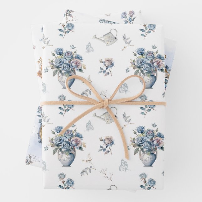 Vintage Dusty Blue Rose Pattern Wrapping Paper Sheet (In situ)