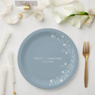 Vintage Dusty Blue Rose Vine Paper Plate