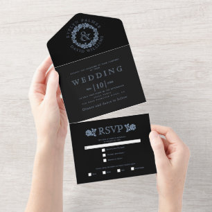 Vintage dusty blue rose wreath on black wedding  all in one invitation