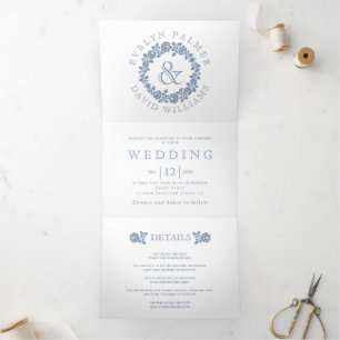 Vintage dusty blue rose wreath white wedding Tri-Fold invitation