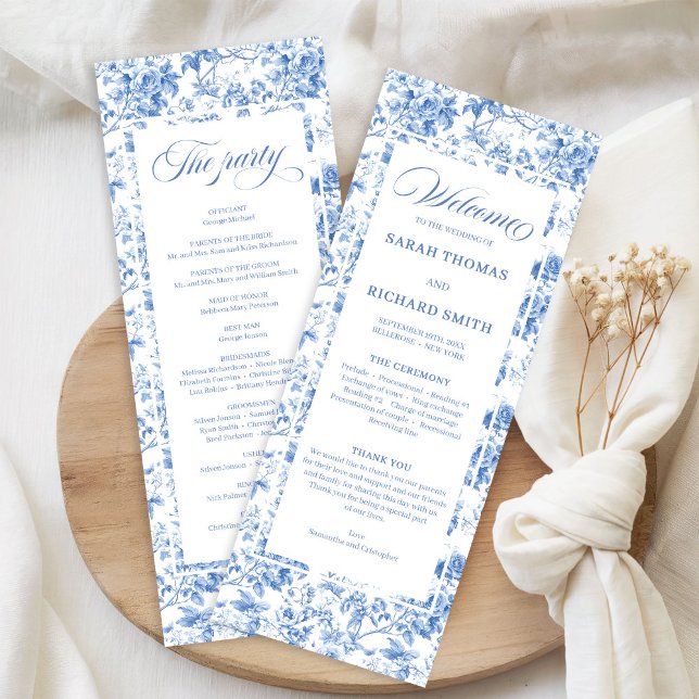 Vintage Dusty Blue Toile Roses Wedding Program (Vintage Dusty Blue Toile Roses Wedding Program)