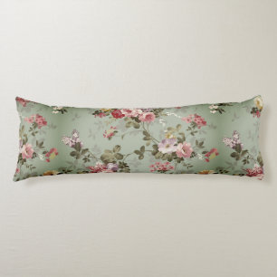 Vintage Dusty Olive Green Floral Design Body Pillow