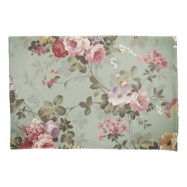Vintage Dusty Olive Green Floral Design Pillowcase (Front)