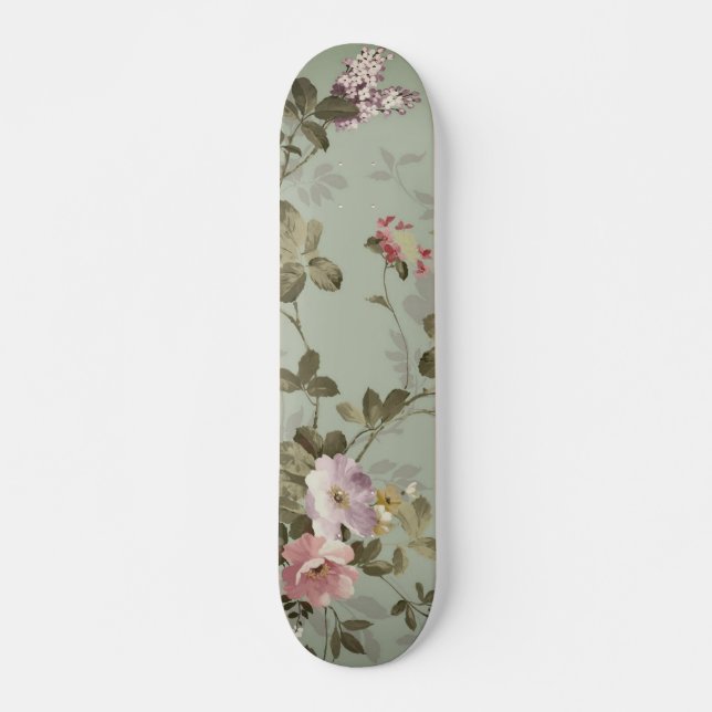 Vintage Dusty Olive Green Floral Design Skateboard (Front)