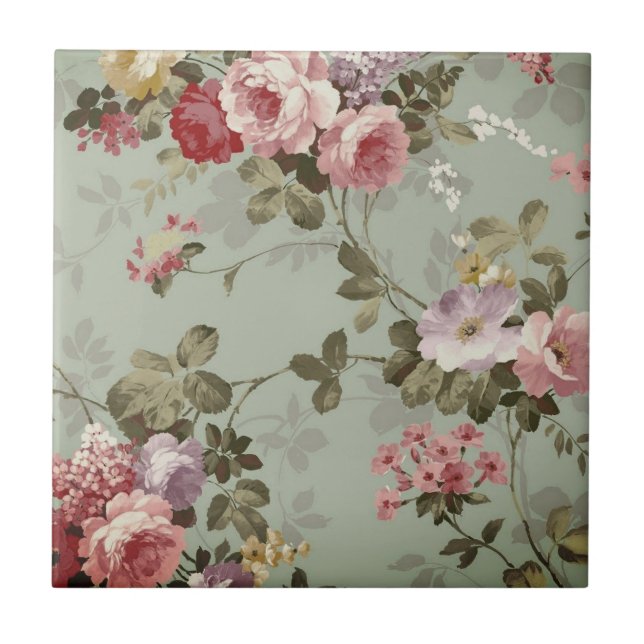 Vintage Dusty Olive Green Floral Design Tile (Front)