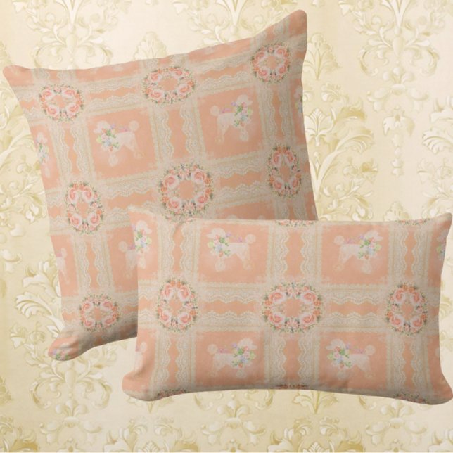 Vintage Dusty Peach Poodle Patchwork Throw Pillow (Vintage poodle patchwork)