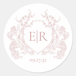 Vintage Dusty Pink Floral Crest Monogram Wedding Classic Round Sticker