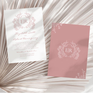 Vintage Dusty Pink Floral Crest Monogram Wedding Invitation