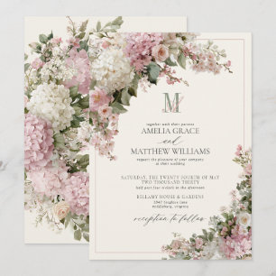 Vintage Dusty Pink Hydrangea Sage Monogram Wedding Invitation