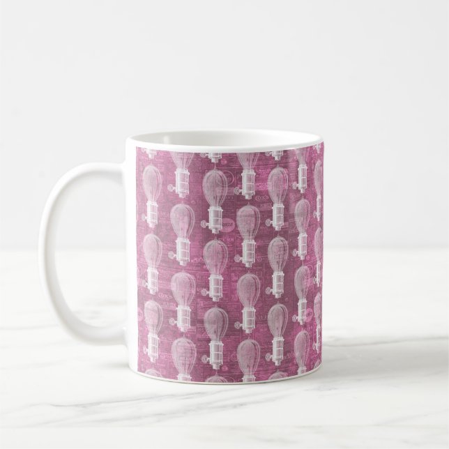 Vintage Dusty Pink Steampunk Lightbulb Pattern Coffee Mug (Left)
