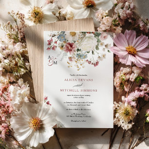 Vintage Dusty Rose and Ivory Wildflower Wedding Invitation