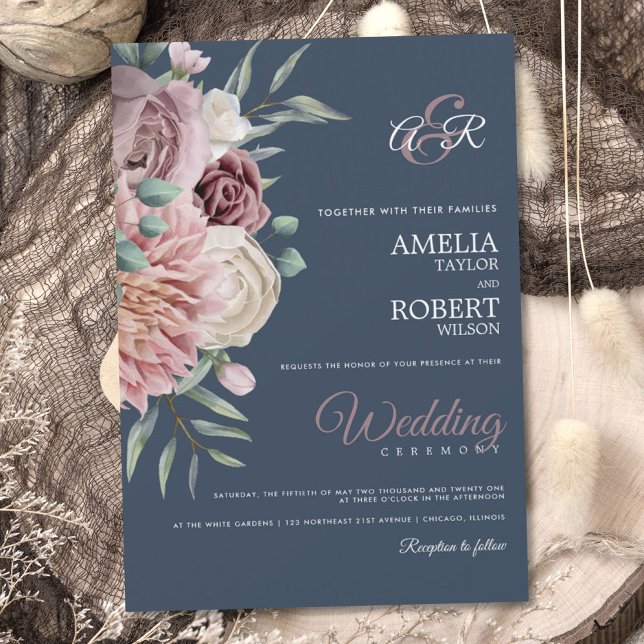 Vintage Dusty Rose Floral on Navy Invitation (Creator Uploaded)