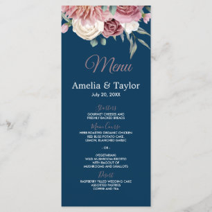 Vintage Dusty Rose Floral on Navy Wedding Menu