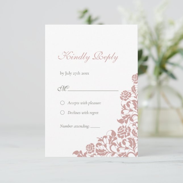 Vintage Dusty Rose Lace Wedding RSVP Card (Standing Front)