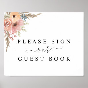 Vintage Dusty Rose Peach Floral Guest Book Sign