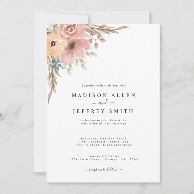 Vintage Dusty Rose Peach Floral Wedding Invitation (Front)