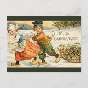Vintage Dutch Boy and Girl With Sled Christmas Postcard