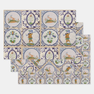 Vintage Dutch Delft Tiles 17th Century pottery art Wrapping Paper Sheet