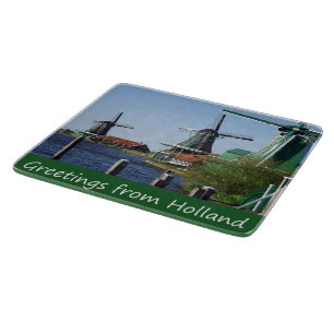 Vintage Dutch Folklore Red White Green Windmill Cutting Board