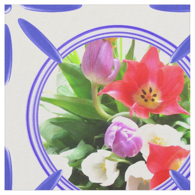 Vintage Dutch Tiles Delftware Tulips Holland Fabric (Close Up)