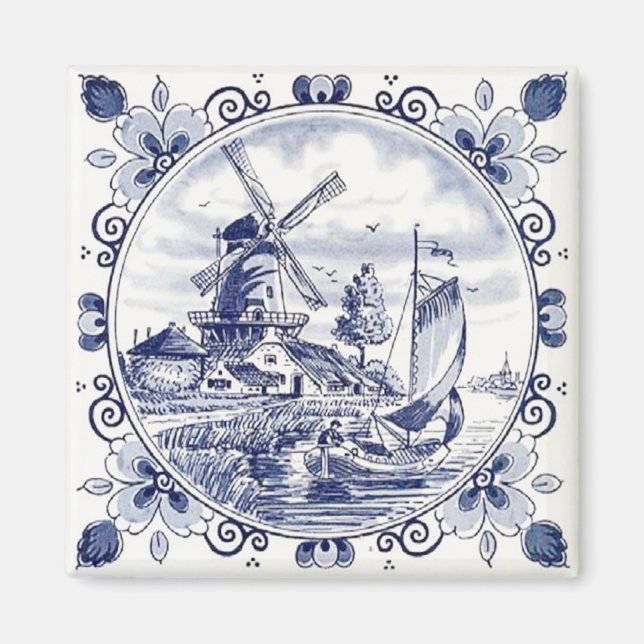 Vintage Dutch Windmill Delft Blue Fridge Magnet (Front)