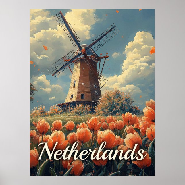 Vintage Dutch Windmill : Tulips and Charm Poster (Front)