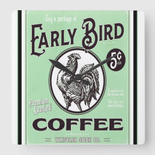 Vintage Early Bird Coffee Ad Poster Square Wall Cl Square Wall Clock