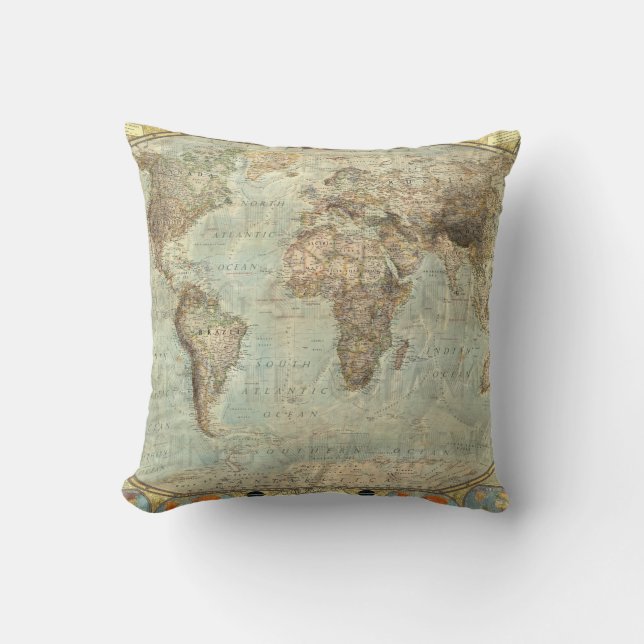 Vintage Earth Globe Map Print Throw Pillow (Front)