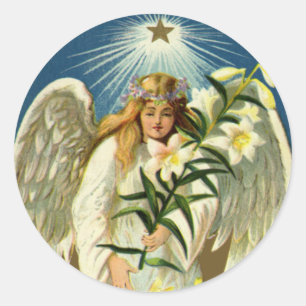 Vintage Easter Angel, Lamb, Lily Flower, Gold Star Classic Round Sticker