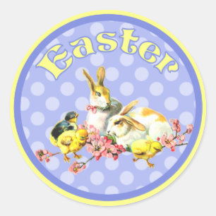 Vintage Easter Bunnies and Baby Chicks Classic Round Sticker