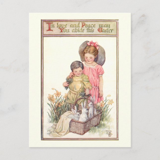 Vintage Easter Bunnies and Peace Message Postcard (Front)