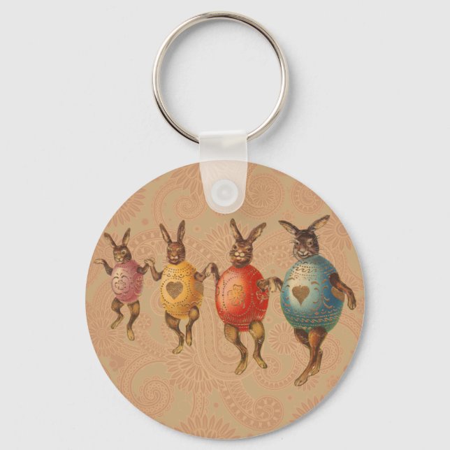 Vintage Easter Bunnies Dancing with Egg Costumes Keychain (Front)