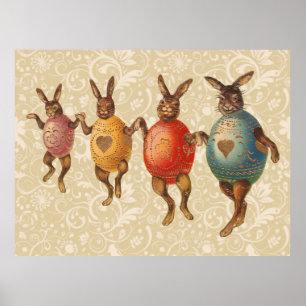 Vintage Easter Bunnies Dancing with Egg Costumes Poster
