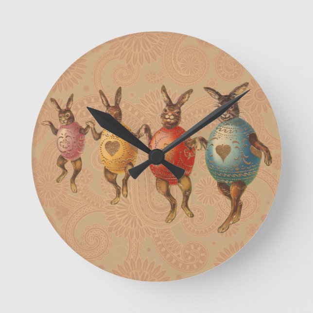 Vintage Easter Bunnies Dancing with Egg Costumes Round Clock (Front)