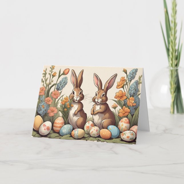Vintage Easter Bunnies Egg Hunt  Holiday Card (Front)