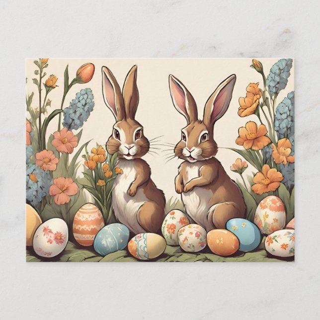 Vintage Easter Bunnies Egg Hunt  Holiday Postcard (Front)
