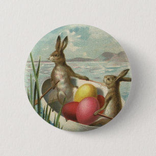 Vintage Easter Bunnies in a Boat with Easter Eggs 2 Inch Round Button